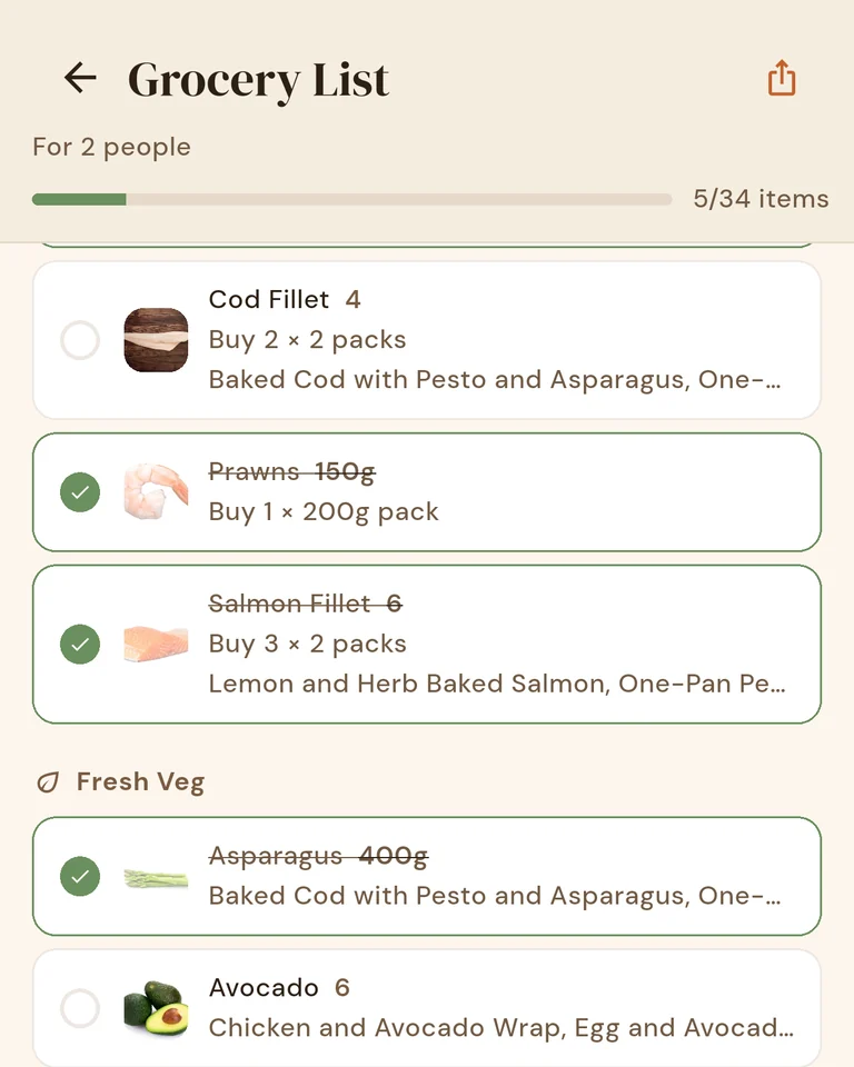 The shopping list part-way through a shop, five of 34 items ticked off under Meat and Fish and Fresh Veg.