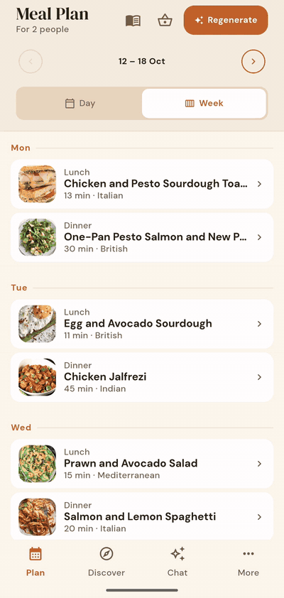 Swapping Tuesday’s dinner: three suggestions appear, one is picked, and Lemon and Herb Baked Salmon takes the slot.